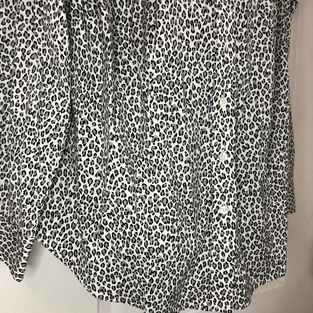 TALBOTS No Iron gray black white leopard print long sleeve button down size 14W